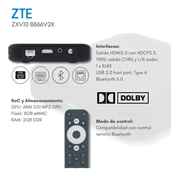TV Box ZTE B866V2K Android TV | 2GB RAM + 8GB | 4K Ultra HD | Negro | Control Remoto con Voz - Imagen 8
